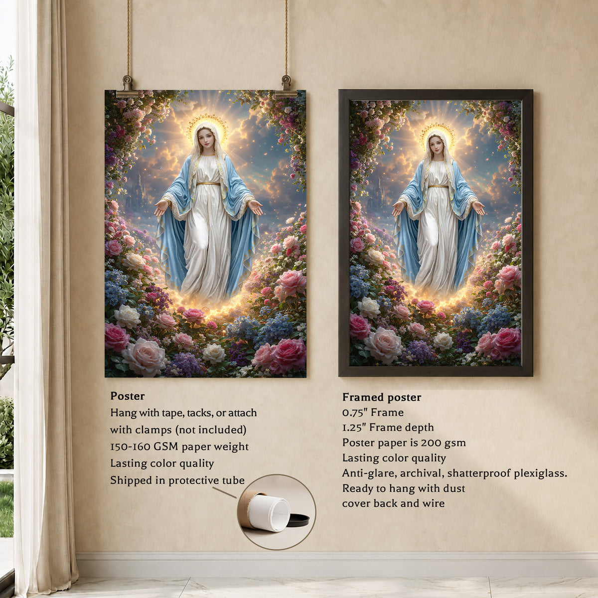 Blessed Virgin Mary Floral Christian Wall Art – Victory of Resurrection Wall Art Poster/Canvas