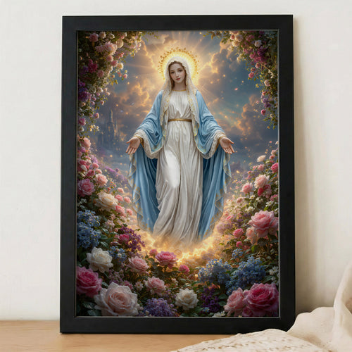 Blessed Virgin Mary Floral Christian Wall Art – Victory of Resurrection Wall Art Poster/Canvas