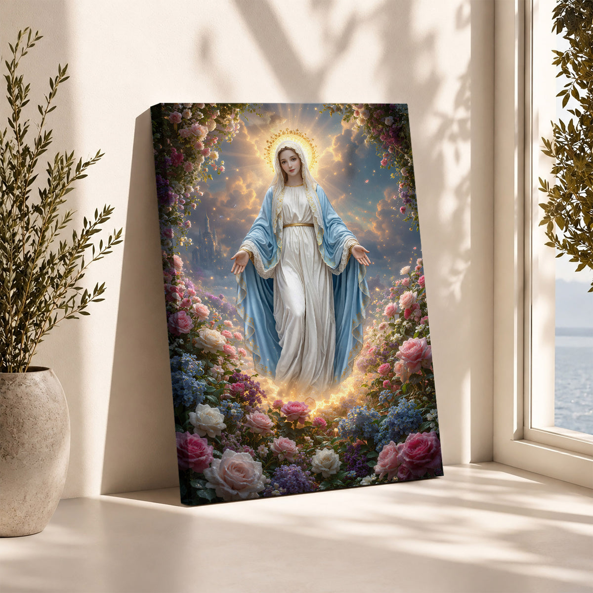 Blessed Virgin Mary Floral Christian Wall Art – Victory of Resurrection Wall Art Poster/Canvas