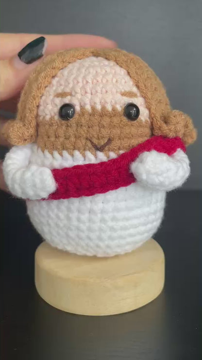 Handmade Jesus Crochet Doll with Wooden Base - Christian Prayer Decor & Meaningful Gift
