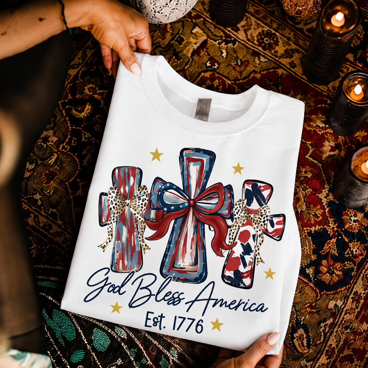 God Bless America T-Shirt, Patriotic Cross Distressed Flag  – Unisex Tshirt / Hoodie / Sweatshirt